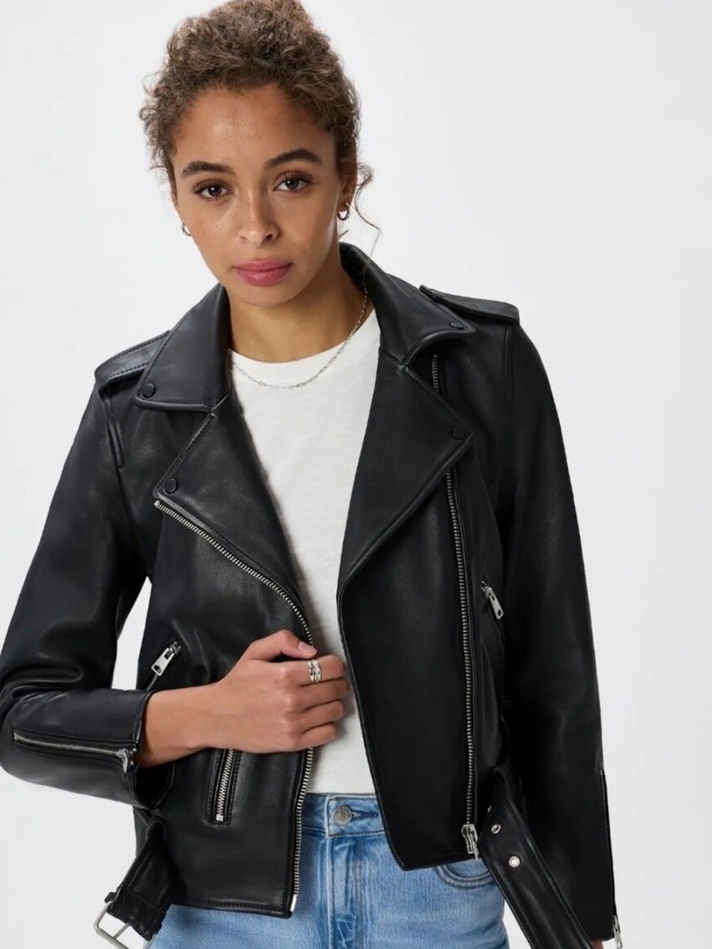 Quince Black Leather Moto Jacket with Silver Hardware